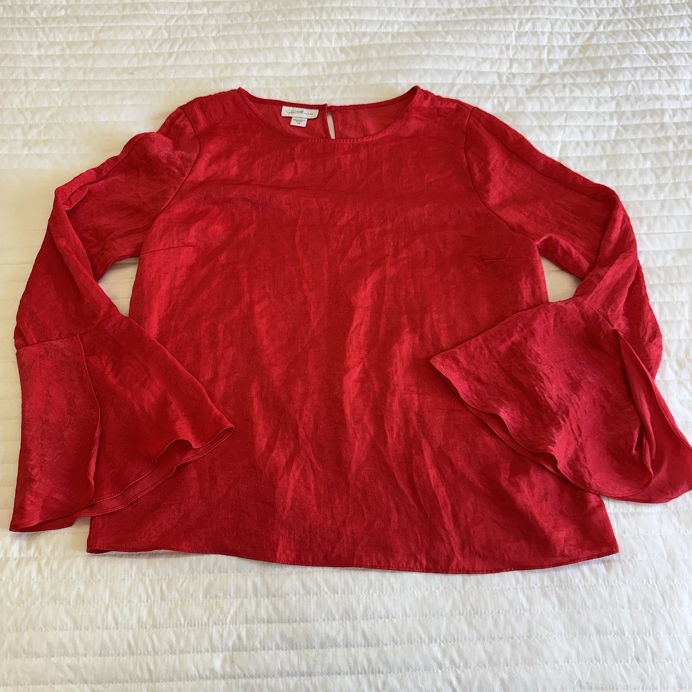 Jaclyn Smith Collection Red Bell Sleeve Blouse Top Large L Round Neck Keyhole